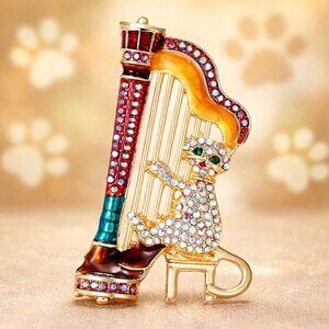Kitty Cat Playing Harp Brooch Pin Jewelry Music Lover Gift Gold Toned NEW